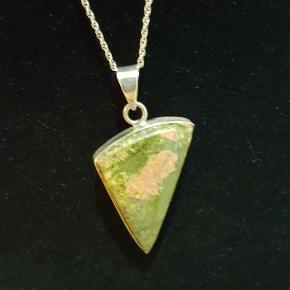 Unakite & Sterling Silver Pendant Necklace w/16" Sterling Rope Chain NWOT